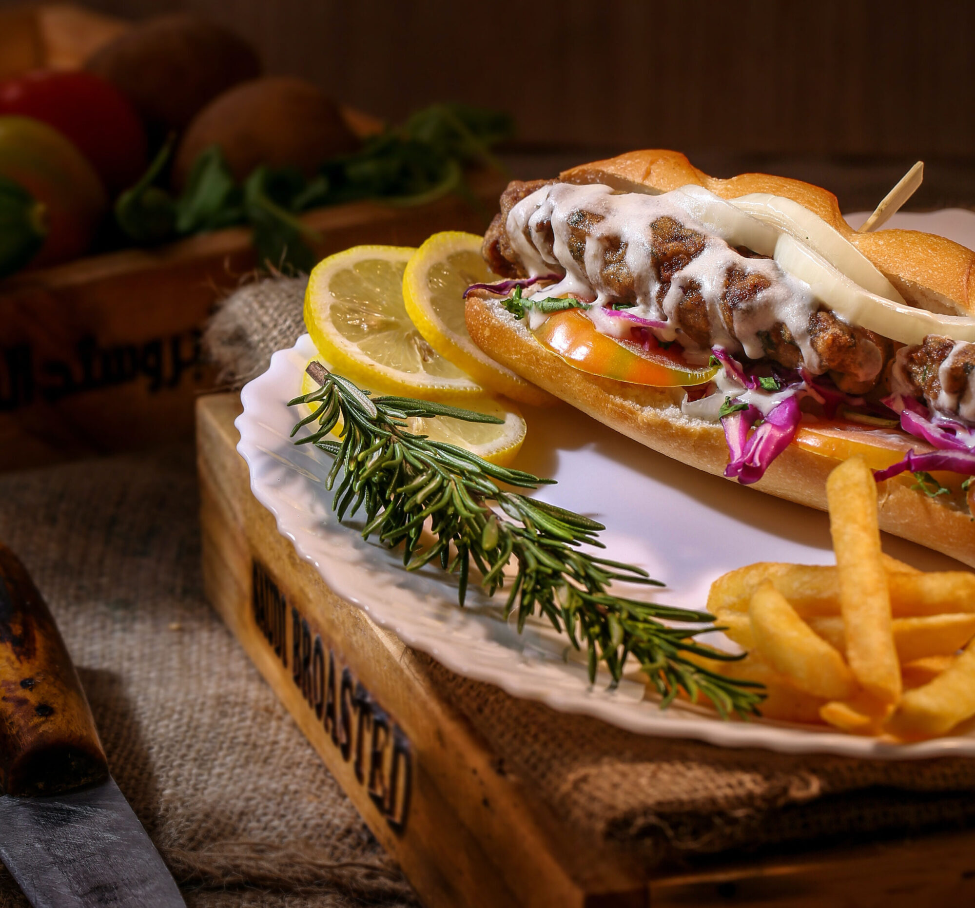 Mutton Seekh Burger in Pretzel Pocket Sandwich Buns