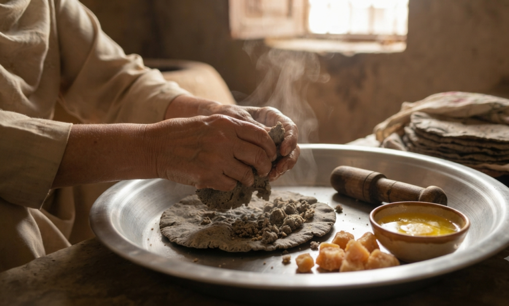 This image illustrates the moment the story talks about—crumbling the hot roti. You can see the dark grey, freshly baked Bajray ki roti being broken into small pieces in a traditional steel parat (large plate). Next to it are small bowls of golden desi ghee and chunky jaggery, ready to be mixed in by hand.