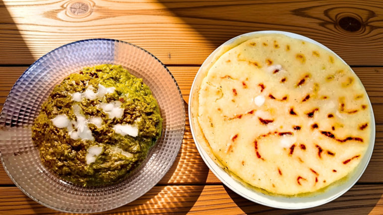 Sarson ka Saag Recipe with Chawal ki Roti (Mustard Greens with Rice Flour Roti and White Butter)