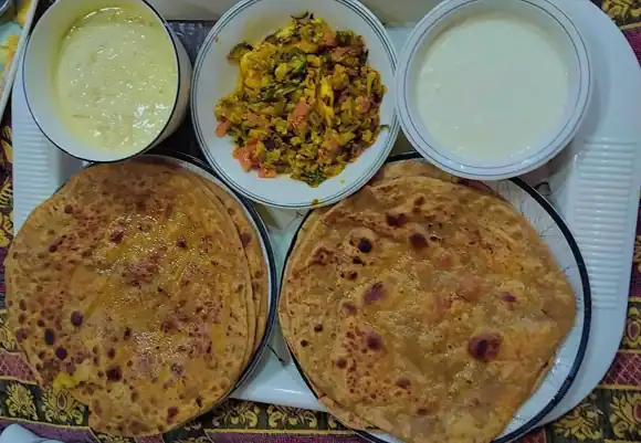 Pakistani Breakfast: Khagina, Desi Ghee Paratha, Meetha Dahi and Malai